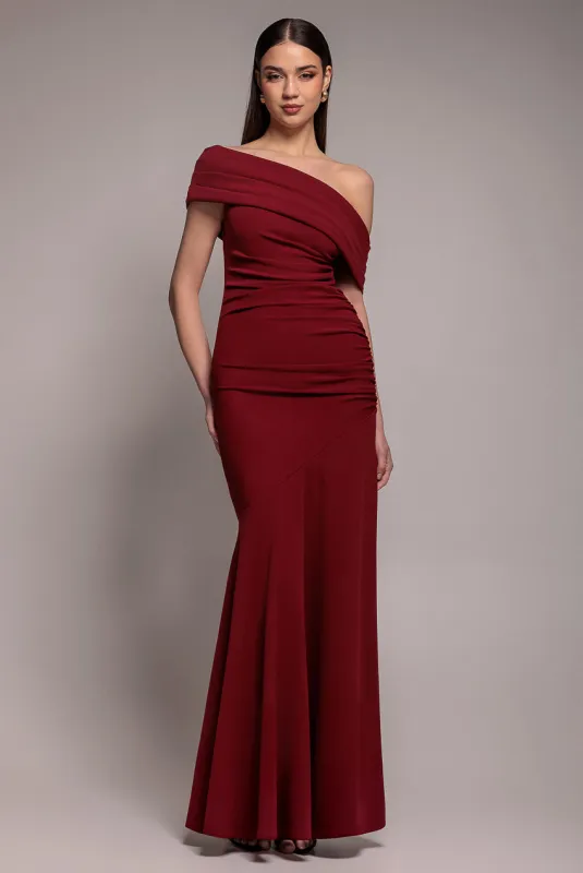 Pleated One Shoulder Bardot Fit And Flare Maxi Dress - Burgundy by Goddiva sold by Goddiva