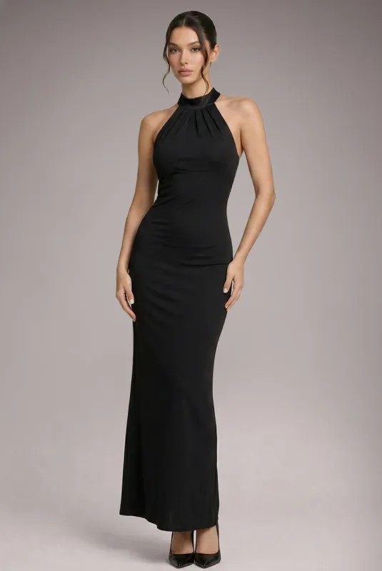 Petite Satin Multi-Tie Halterneck Maxi Dress - Black by Goddiva sold by Goddiva