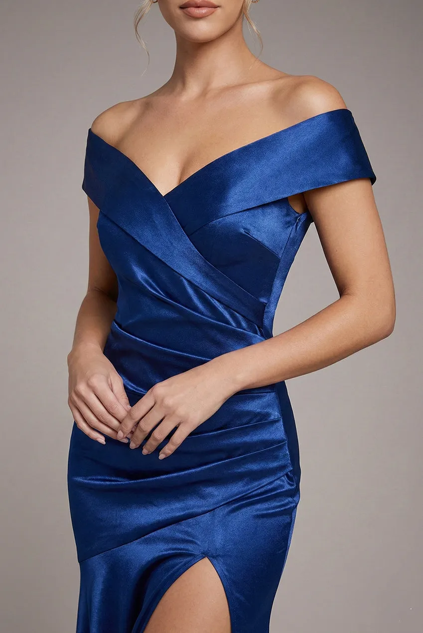 Satin Off Shoulder Pleated Maxi Dress - Navy Blue by Goddiva sold by Goddiva product image thumbnail 3