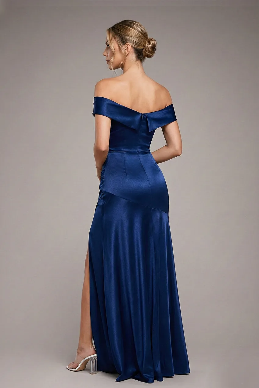 Satin Off Shoulder Pleated Maxi Dress - Navy Blue by Goddiva sold by Goddiva product image thumbnail 2