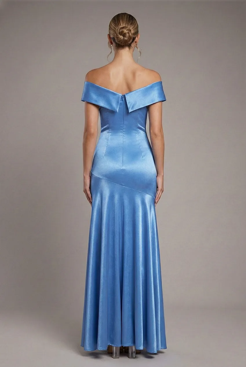 Satin Off Shoulder Pleated Maxi Dress - Dusty Blue by Goddiva sold by Goddiva product image thumbnail 2
