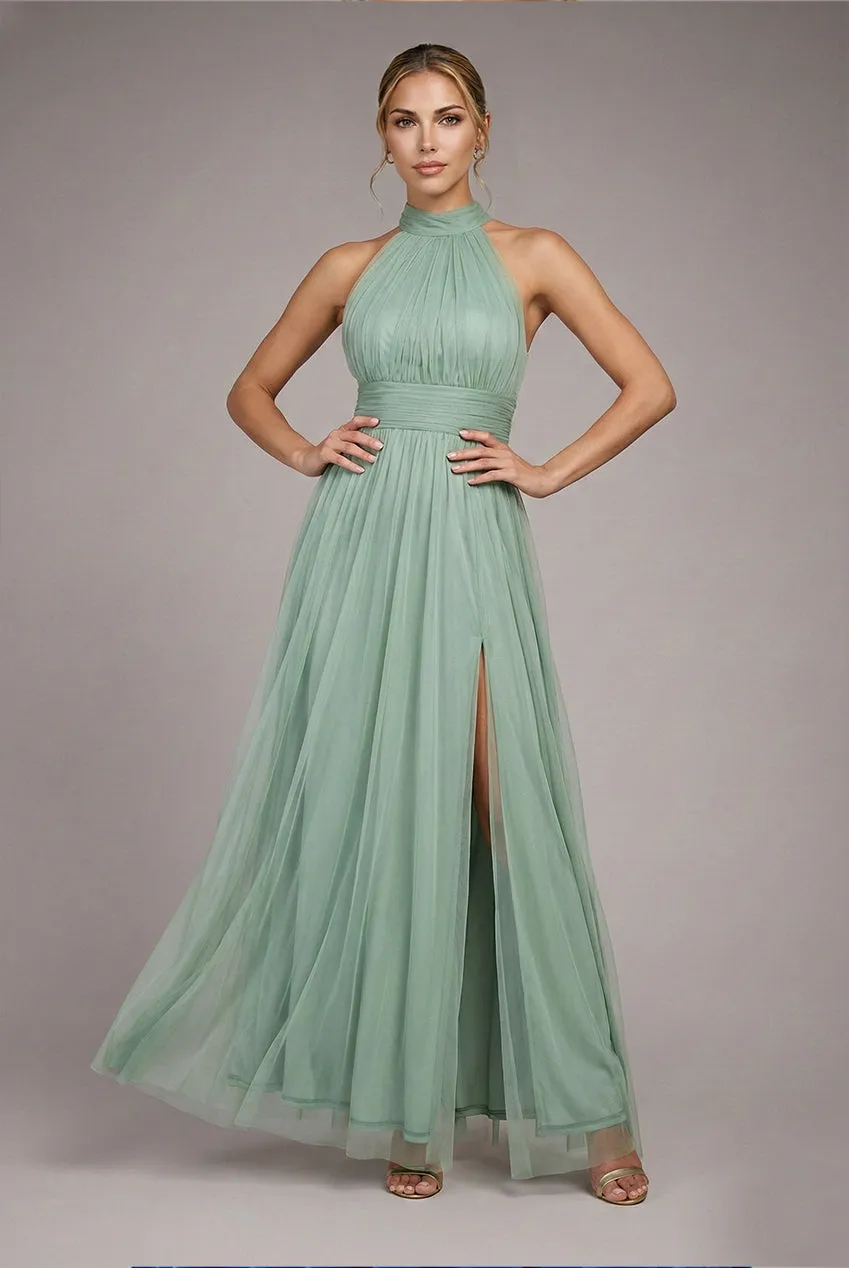 Halter Neck Mesh Tie Maxi Dress - Dusty Sage by Goddiva sold by Goddiva