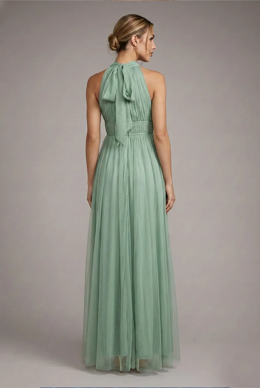 Halter Neck Mesh Tie Maxi Dress - Dusty Sage by Goddiva sold by Goddiva product image thumbnail 2