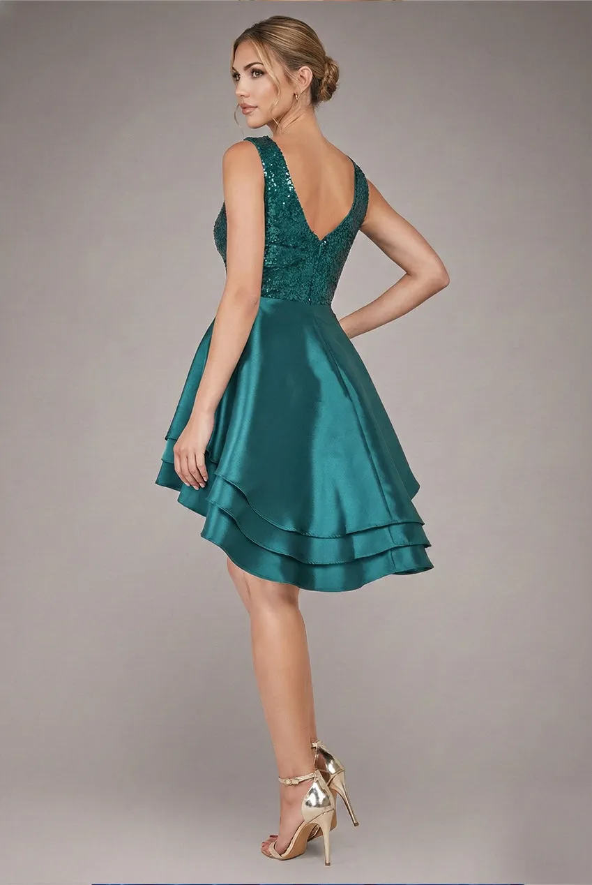 Sequin And Satin Tiered Hi-Low Mini Skater Dress - Emerald Green by Goddiva sold by Goddiva product image thumbnail 2