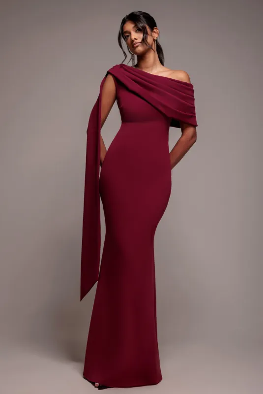 Sash One Shoulder Bardot Maxi Dress - Burgundy by Goddiva sold by Goddiva