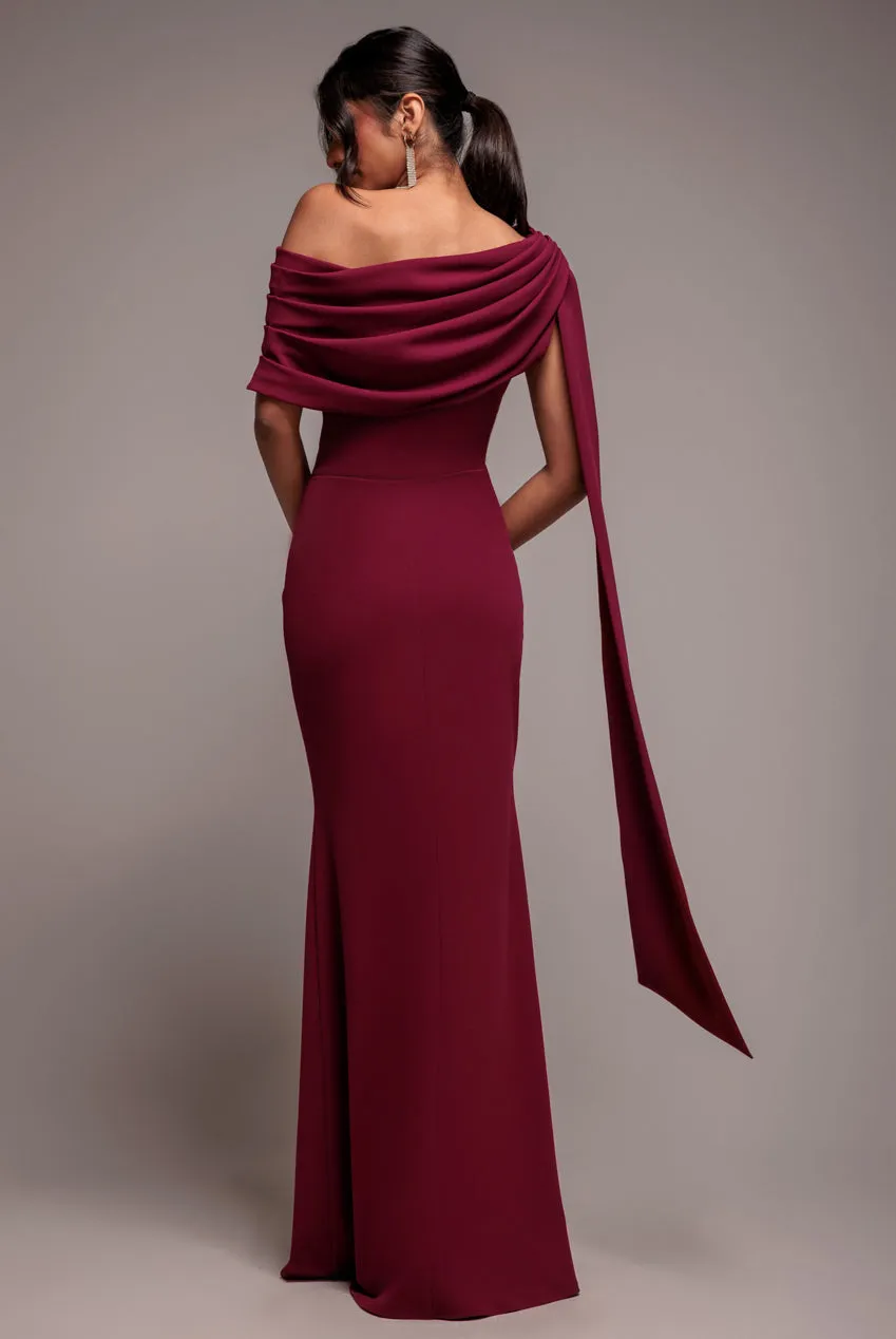 Sash One Shoulder Bardot Maxi Dress - Burgundy by Goddiva sold by Goddiva product image thumbnail 2
