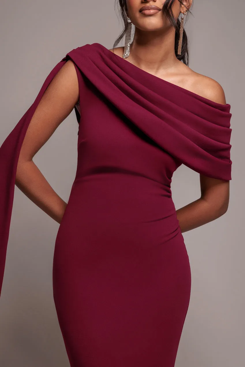 Sash One Shoulder Bardot Maxi Dress - Burgundy by Goddiva sold by Goddiva product image thumbnail 3