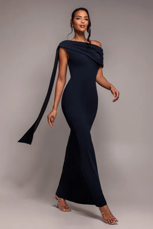 Sash One Shoulder Bardot Maxi Dress - Navy Blue by Goddiva sold by Goddiva