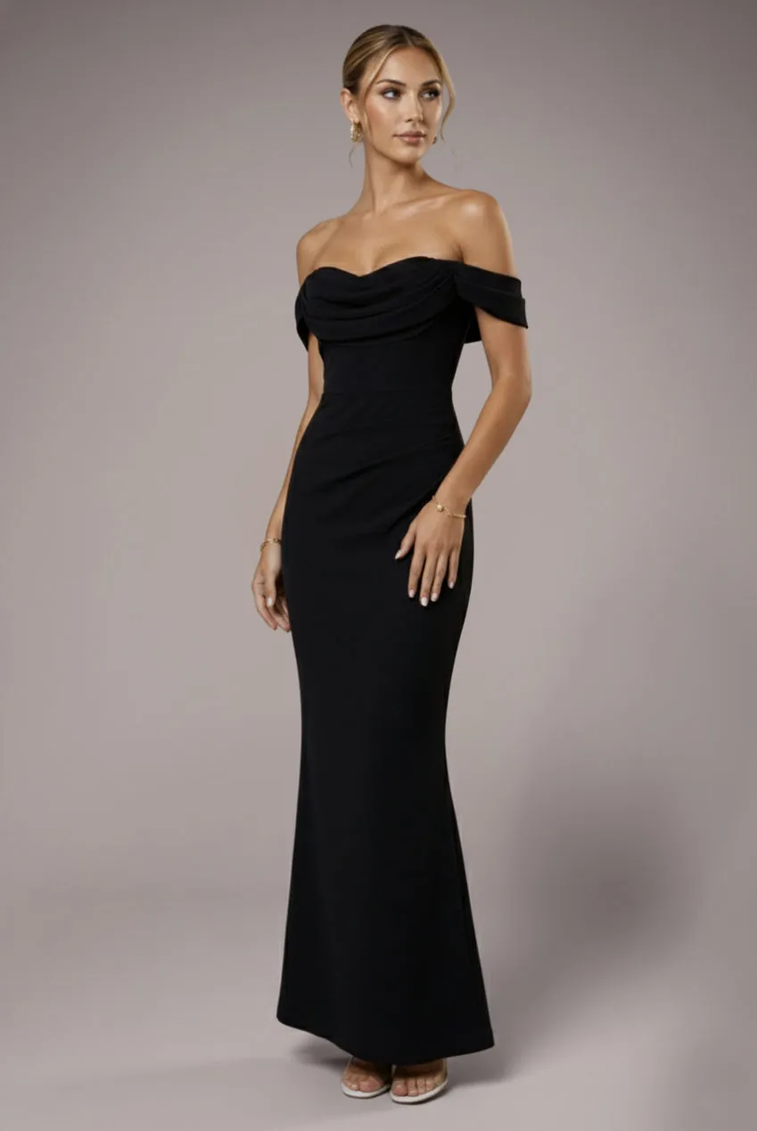 Chiffon Off The Shoulder Cowl Neck Maxi Dress - Black by Goddiva sold by Goddiva