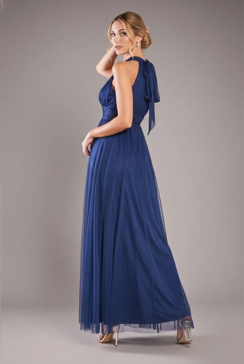 Halter Neck Mesh Tie Maxi Dress - Navy Blue by Goddiva sold by Goddiva product image thumbnail 2