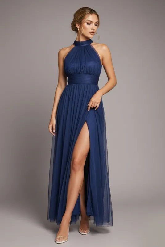Halter Neck Mesh Tie Maxi Dress - Navy Blue by Goddiva sold by Goddiva