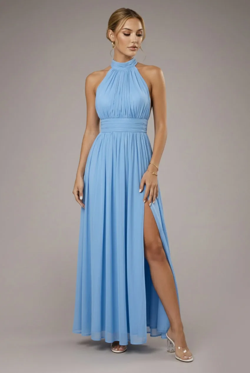 Halter Neck Mesh Tie Maxi Dress - Dusty Blue by Goddiva sold by Goddiva