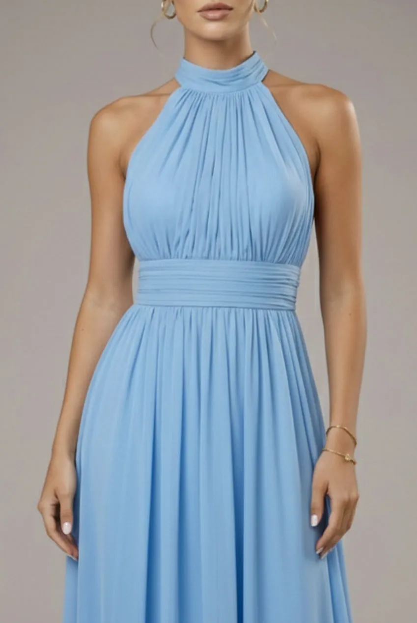 Halter Neck Mesh Tie Maxi Dress - Dusty Blue by Goddiva sold by Goddiva product image thumbnail 3