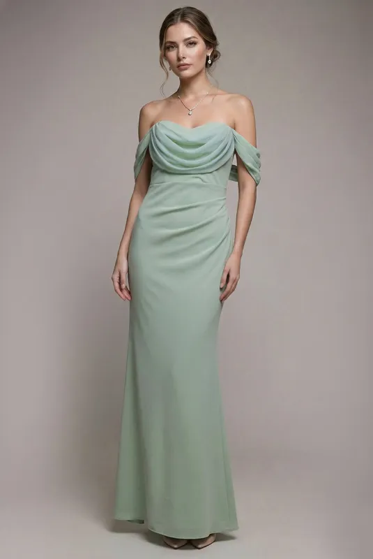 Petite Bardot Scuba & Chiffon Cowl Maxi Dress - Sage Green by Goddiva sold by Goddiva