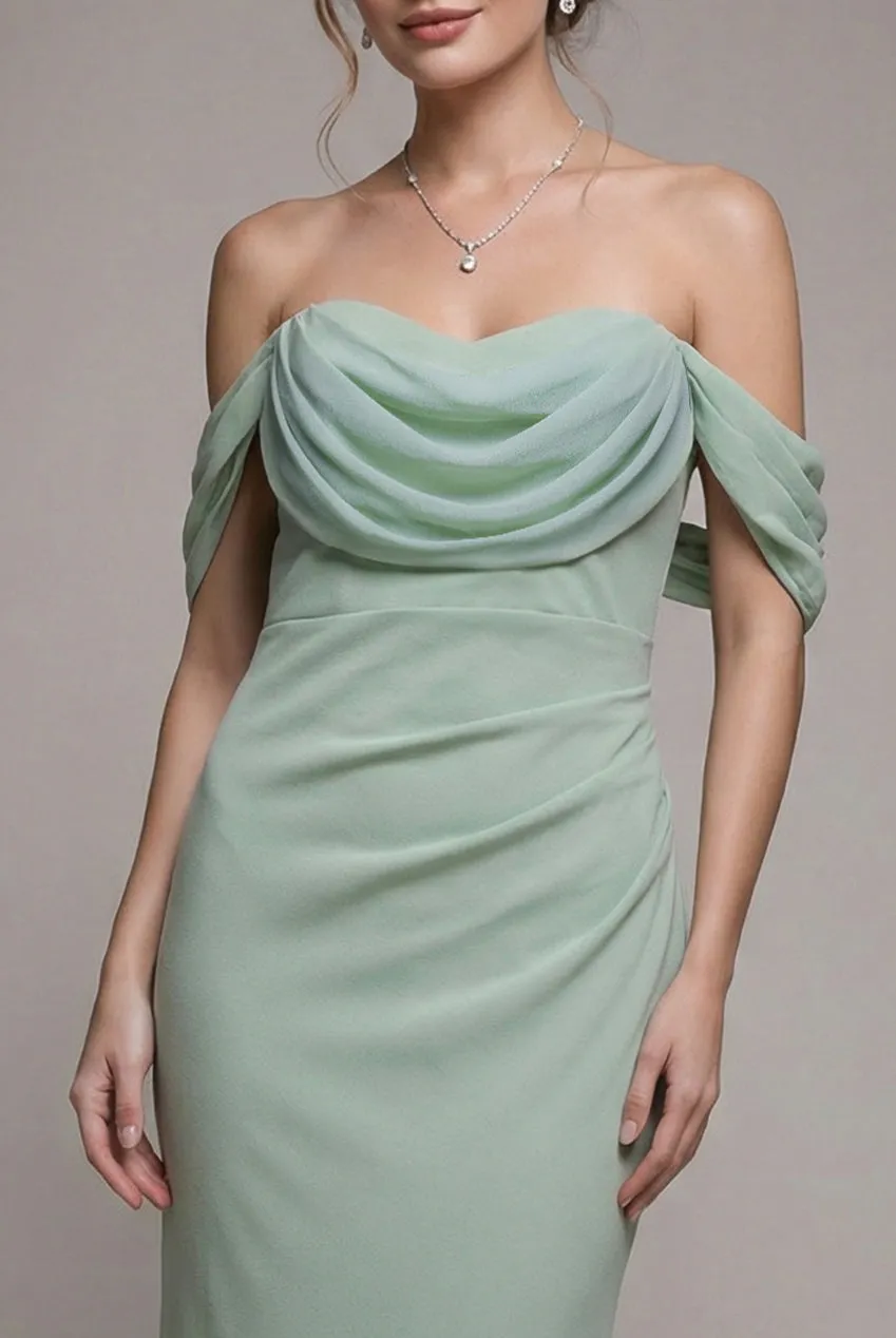 Petite Bardot Scuba & Chiffon Cowl Maxi Dress - Sage Green by Goddiva sold by Goddiva product image thumbnail 3