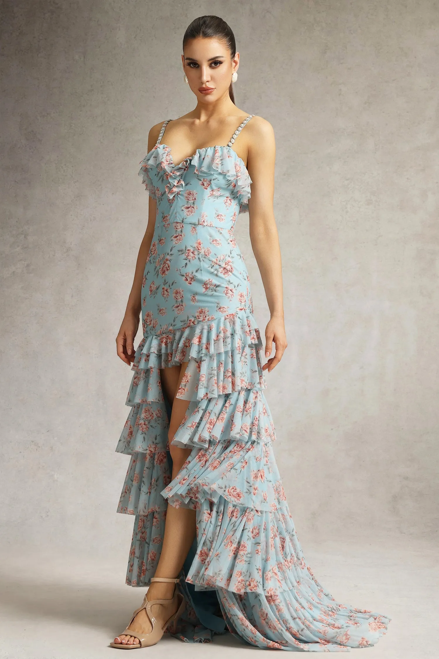Haliy Floral Print Ruffle Maxi Dress by Bella Barnett sold by Goddiva product image thumbnail 4