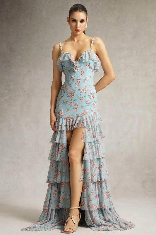 Haliy Floral Print Ruffle Maxi Dress by Bella Barnett sold by Goddiva