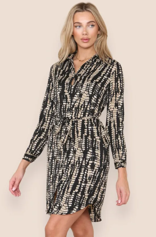 LOVE SUNSHINE Black Tie Dye Print Belted Mini Shirt Dress sold by Goddiva