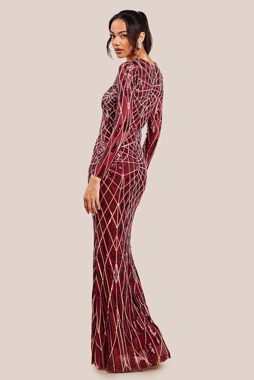 Geo Sequin Long Sleeve Maxi Dress - Wine by Goddiva sold by Goddiva product image thumbnail 2