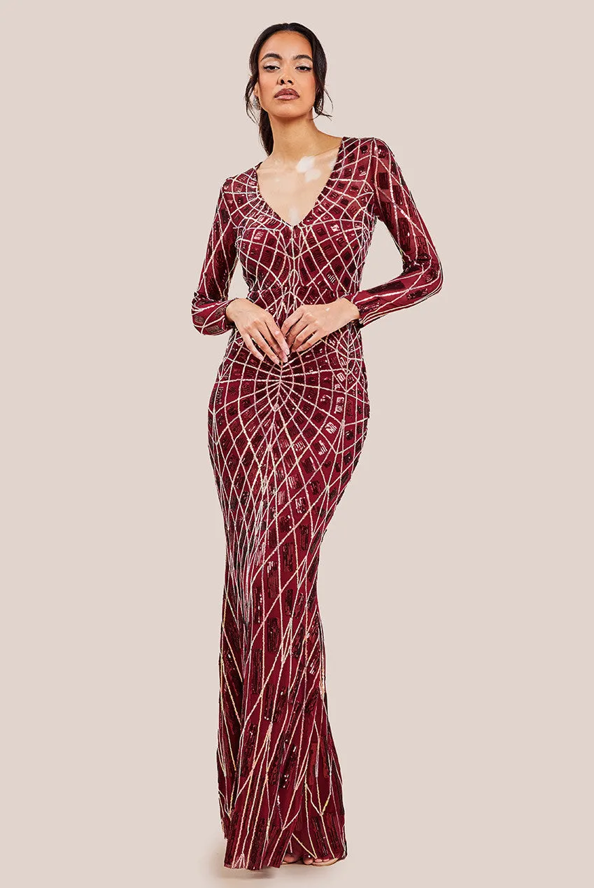 Geo Sequin Long Sleeve Maxi Dress - Wine by Goddiva sold by Goddiva