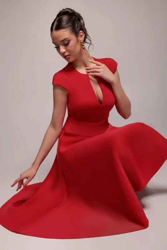 Cap Sleeve Skater High Low Midi Dress - Red by Goddiva made by Goddiva