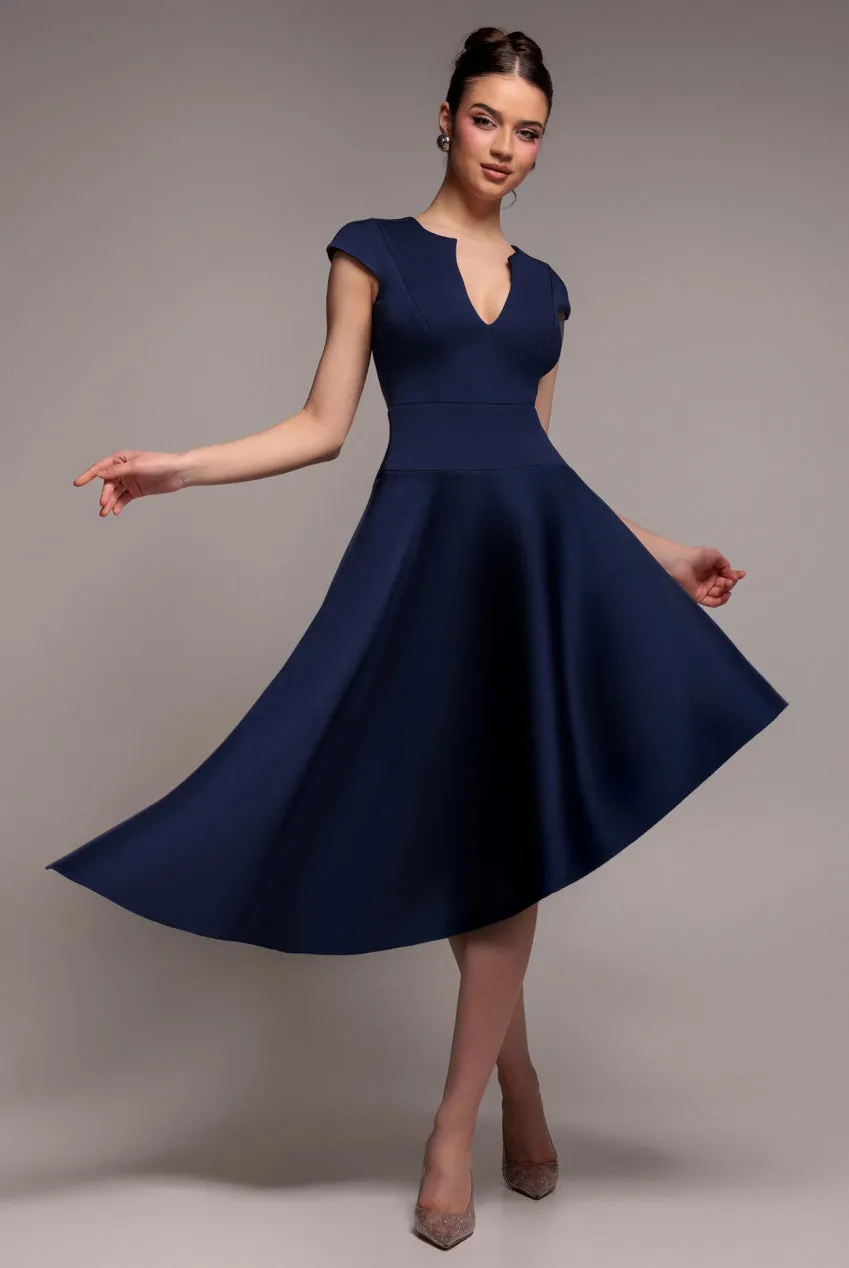 Cap Sleeve Skater High Low Midi Dress - Navy Blue by Goddiva sold by Goddiva