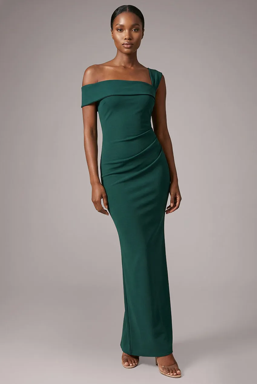 Off The Shoulder Pleated Waist Maxi Dress - Emerald Green by Goddiva sold by Goddiva
