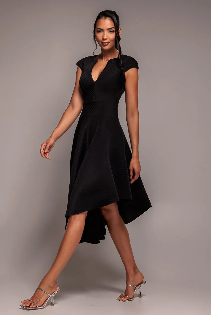 Cap Sleeve Textured Skater Asymmetric Midi Dress - Black by Goddiva sold by Goddiva