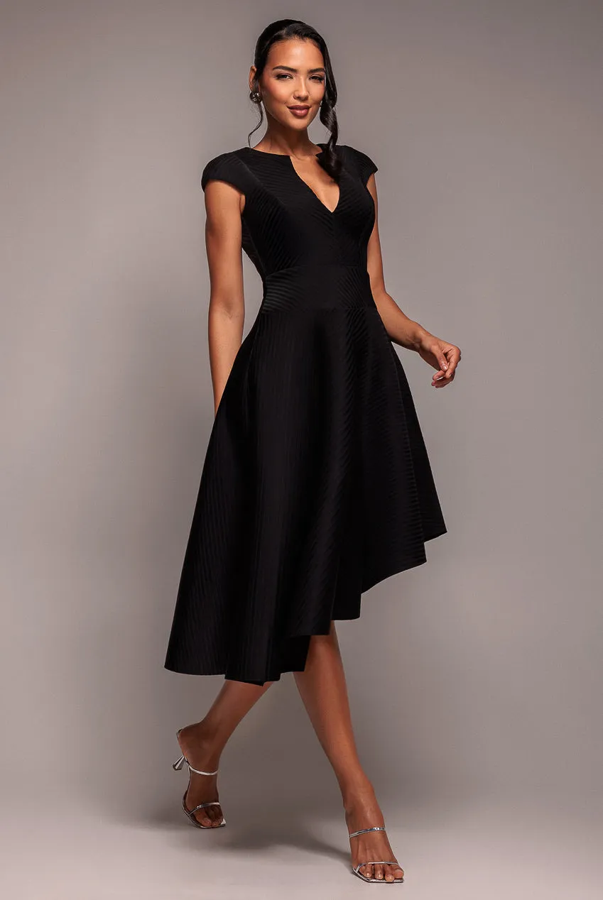 Cap Sleeve Textured Skater Asymmetric Midi Dress - Black by Goddiva sold by Goddiva product image thumbnail 3