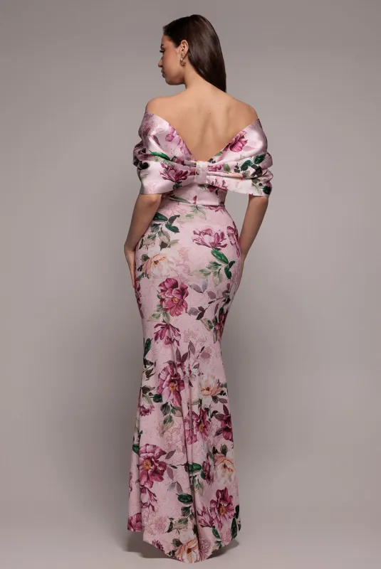Off Shoulder Floral Bow Back Maxi Dress - Blush Pink by Goddiva made by Goddiva