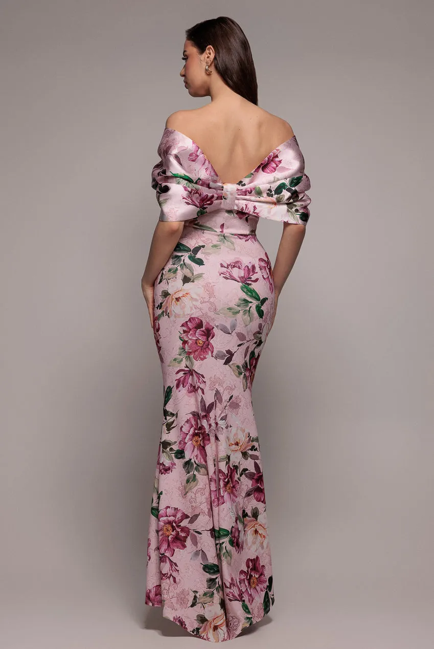 Off Shoulder Floral Bow Back Maxi Dress - Blush Pink by Goddiva sold by Goddiva