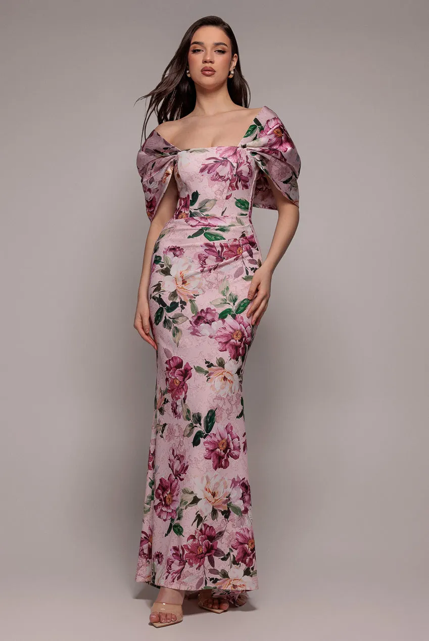 Off Shoulder Floral Bow Back Maxi Dress - Blush Pink by Goddiva sold by Goddiva product image thumbnail 2
