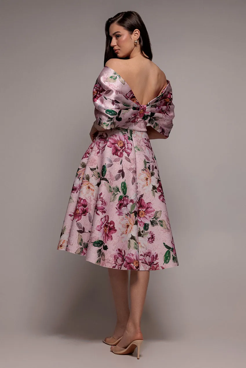 Off Shoulder Floral Bow Back A Line Midi Dress - Blush Pink by Goddiva sold by Goddiva product image thumbnail 3
