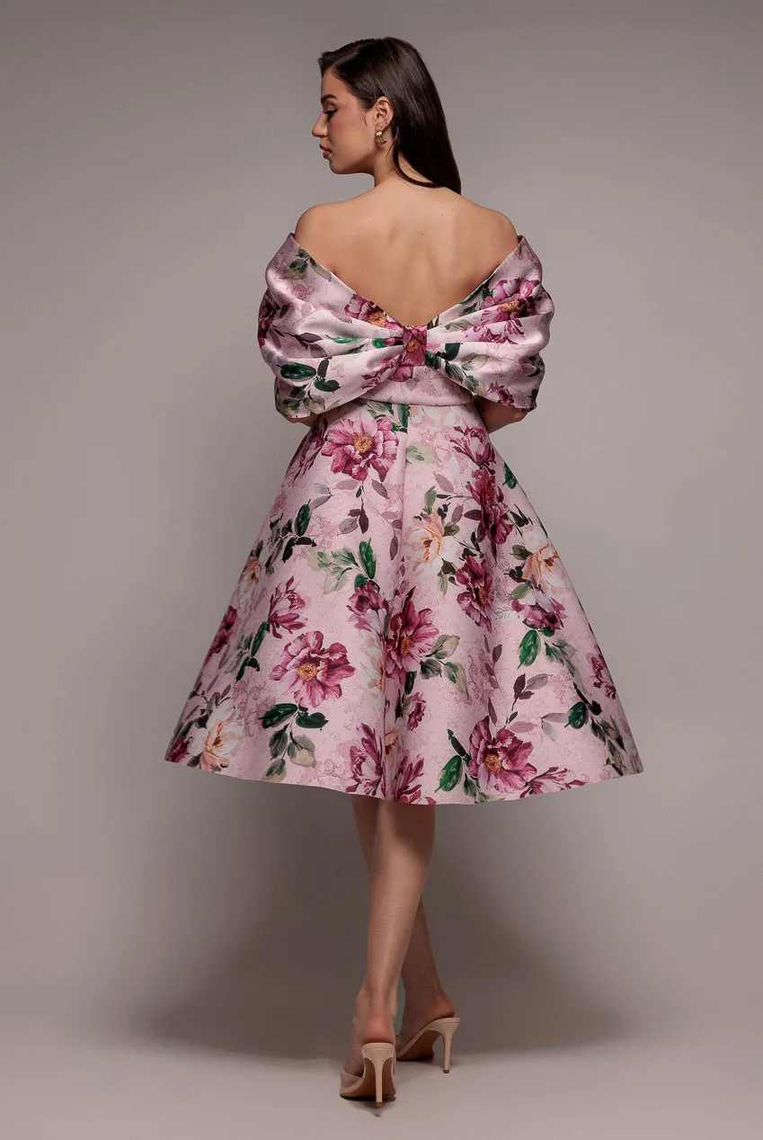Off Shoulder Floral Bow Back A Line Midi Dress - Blush Pink by Goddiva sold by Goddiva product image thumbnail 4
