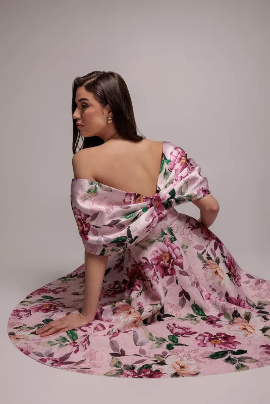 Off Shoulder Floral Bow Back A Line Midi Dress - Blush Pink by Goddiva made by Goddiva