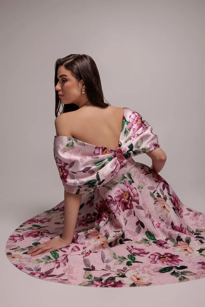 Off Shoulder Floral Bow Back A Line Midi Dress - Blush Pink by Goddiva sold by Goddiva