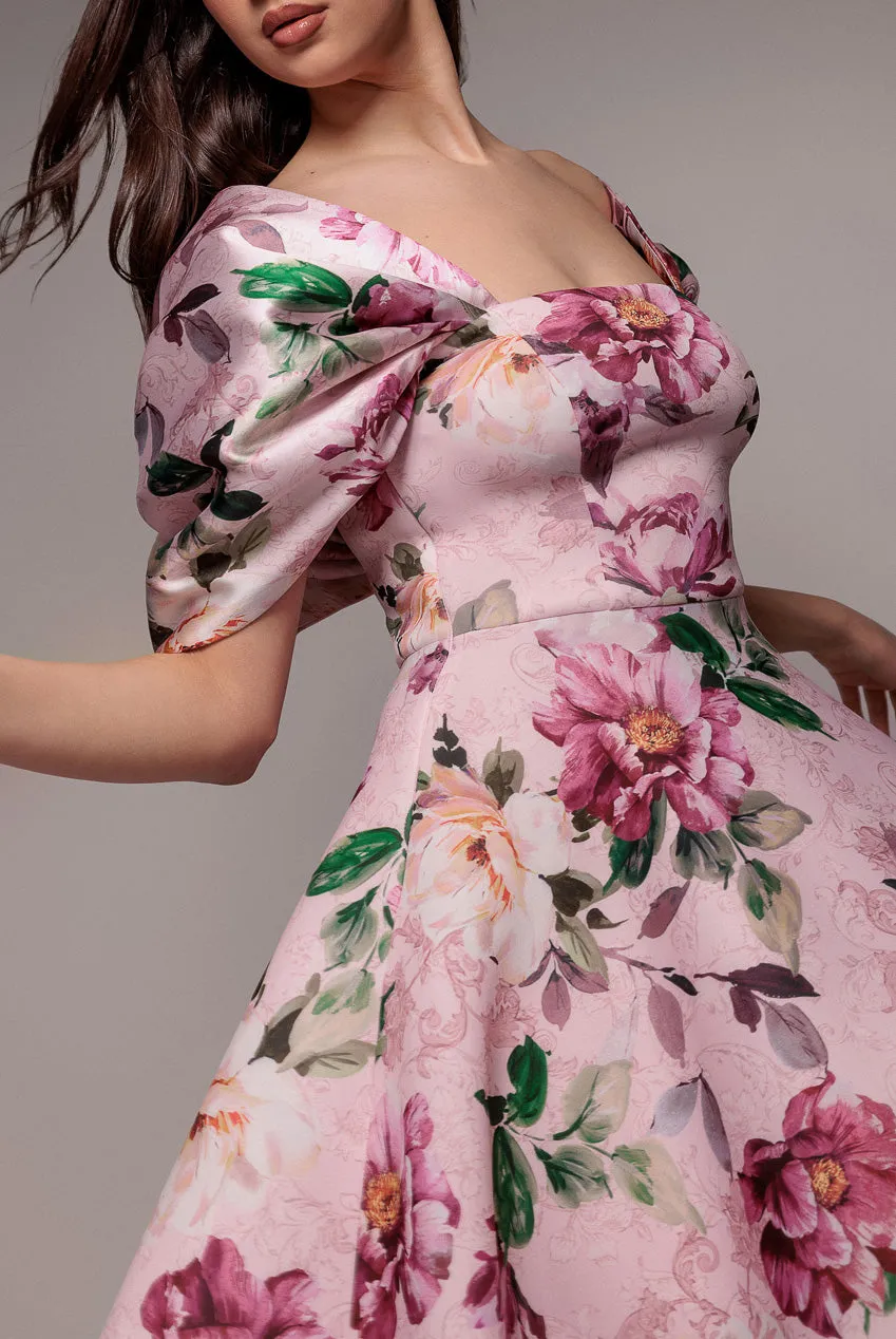 Off Shoulder Floral Bow Back A Line Midi Dress - Blush Pink by Goddiva sold by Goddiva product image thumbnail 5