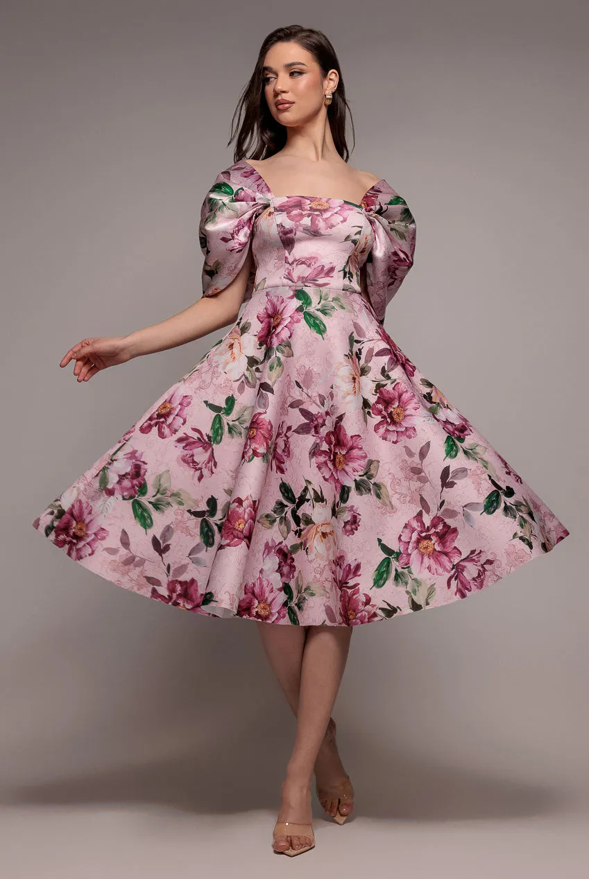 Off Shoulder Floral Bow Back A Line Midi Dress - Blush Pink by Goddiva sold by Goddiva product image thumbnail 2