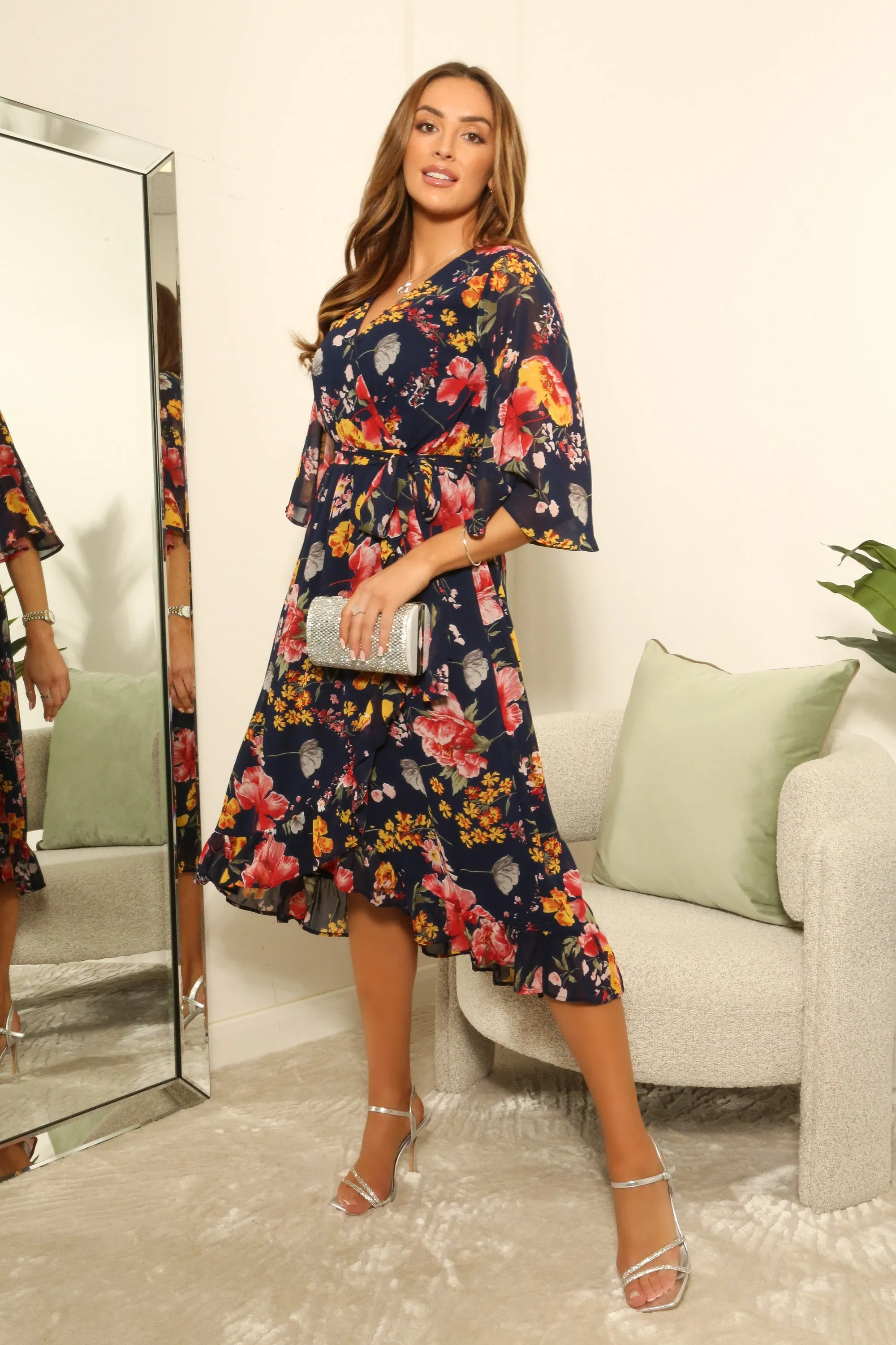 Printed Wrap Dress With Frill Front by Double Second sold by Goddiva product image thumbnail 3