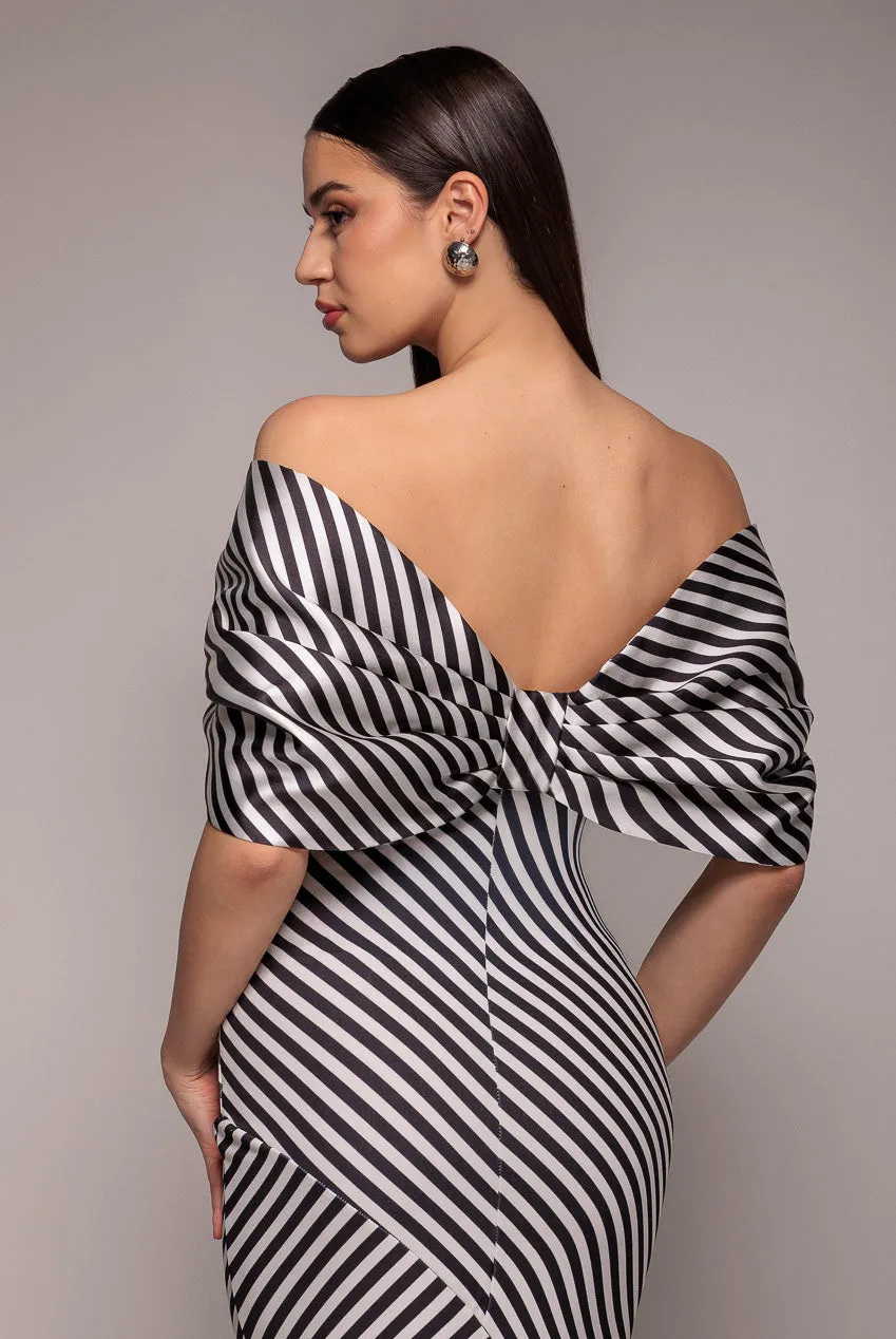 Stripe Off Shoulder Bow Back Satin Bow Maxi Dress - Black White by Goddiva sold by Goddiva product image thumbnail 3