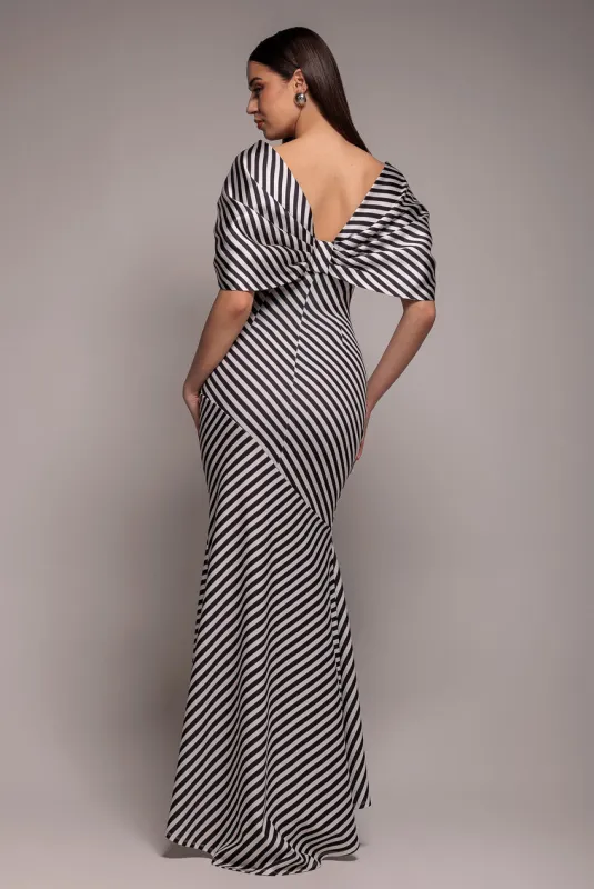 Stripe Off Shoulder Bow Back Satin Bow Maxi Dress - Black White by Goddiva made by Goddiva