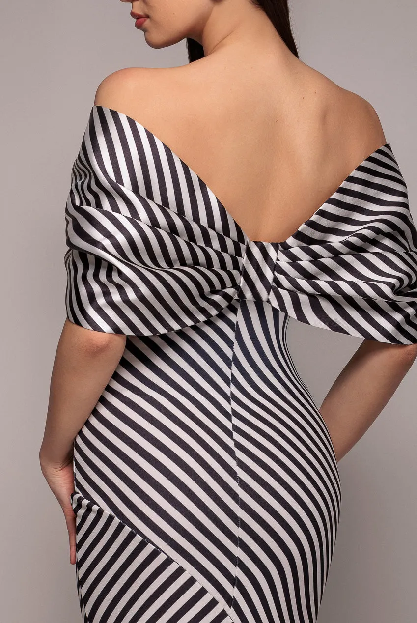 Stripe Off Shoulder Bow Back Satin Bow Maxi Dress - Black White by Goddiva sold by Goddiva product image thumbnail 5