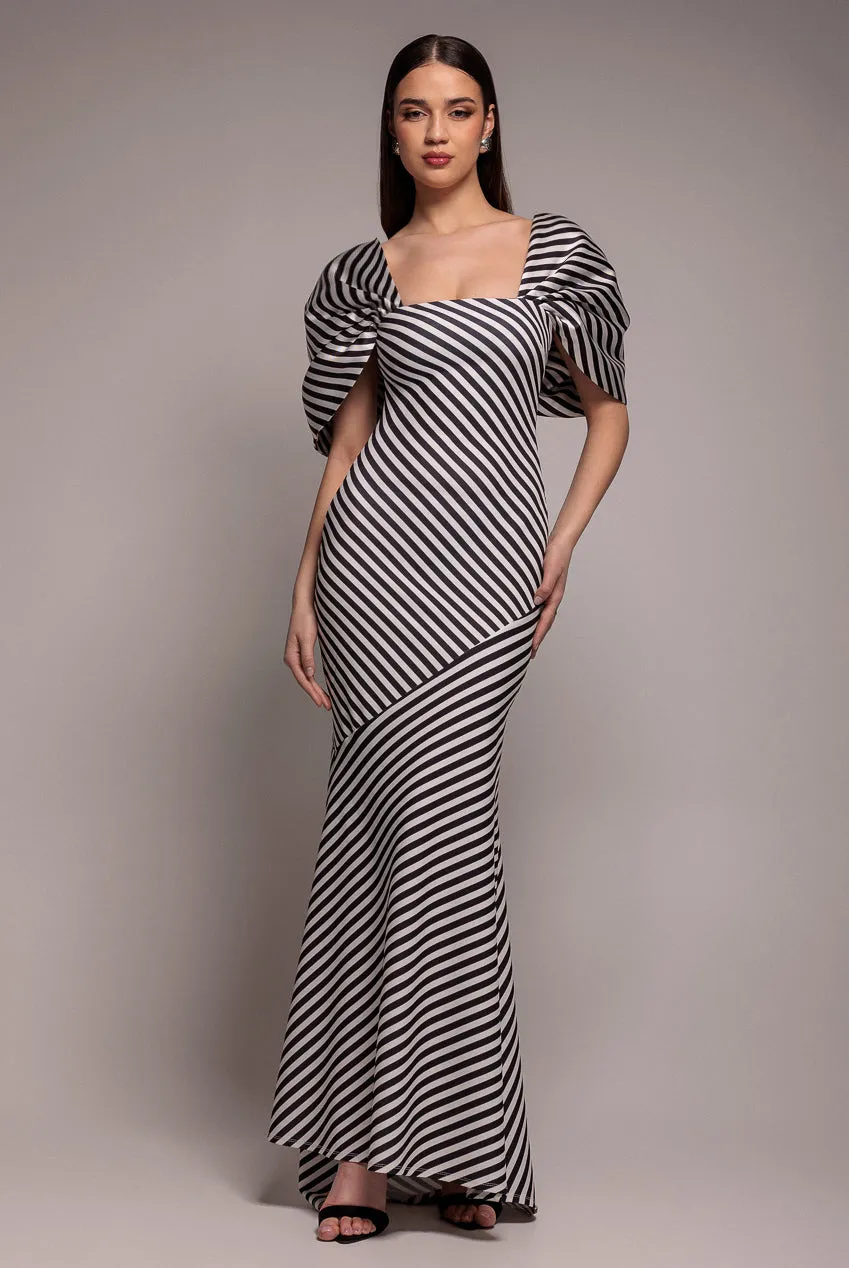 Stripe Off Shoulder Bow Back Satin Bow Maxi Dress - Black White by Goddiva sold by Goddiva product image thumbnail 2