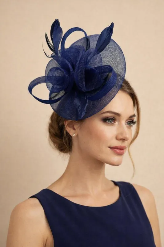 Floral Fascinator With A Wide Base In Navy by SVNX made by Goddiva