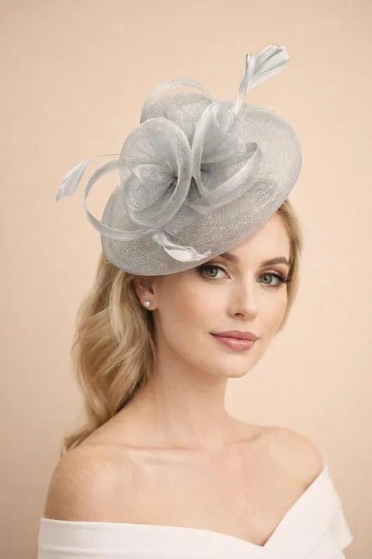 Floral Fascinator With A Wide Base In Light Grey by SVNX made by Goddiva
