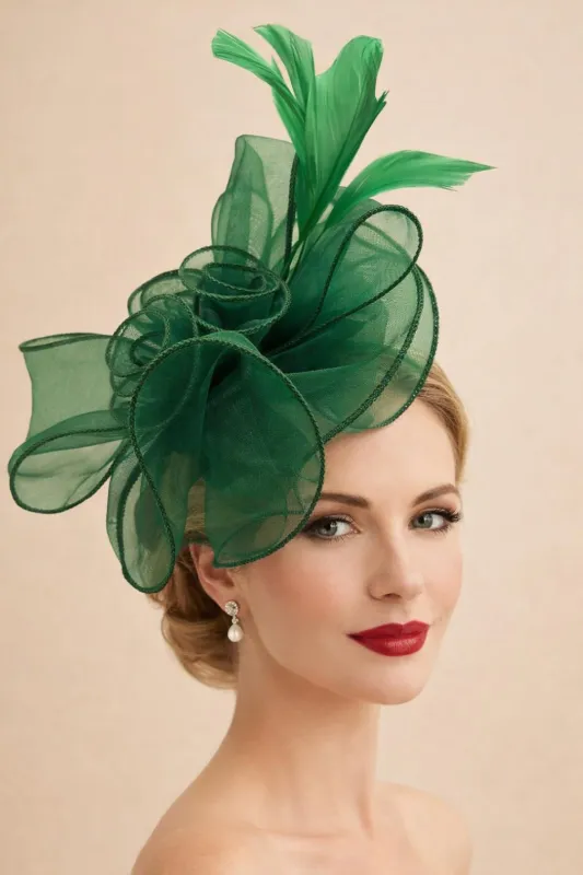 Rose Bouquet With Big Bow & Feather Fascinator In Dark Green by SVNX made by Goddiva