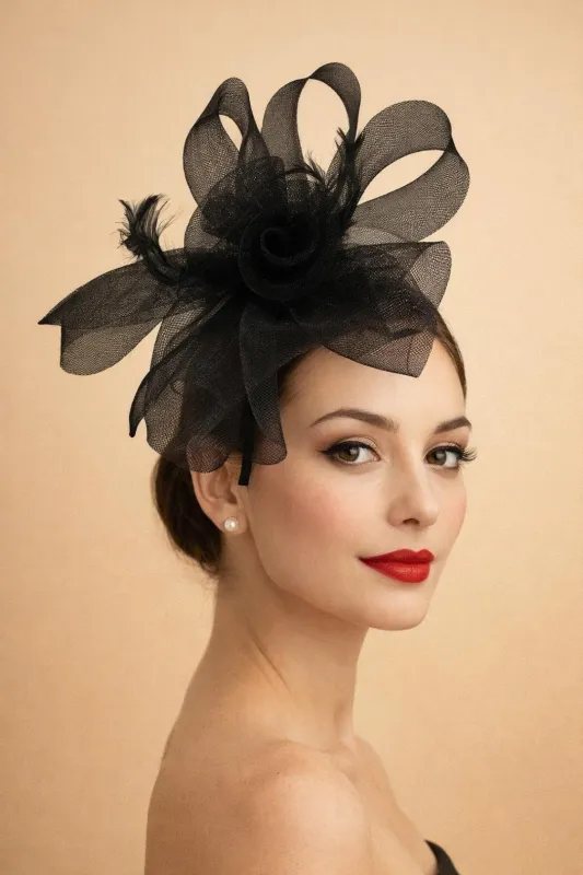 Folded Bow Fascinator With Tipped Feathers In Black by SVNX sold by Goddiva