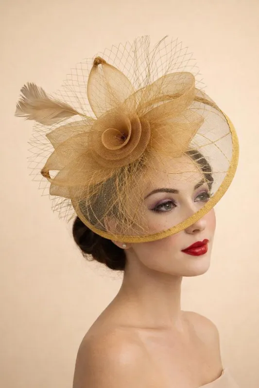 Floral Bow Mesh Detailing Fascinator In Beige by SVNX made by Goddiva