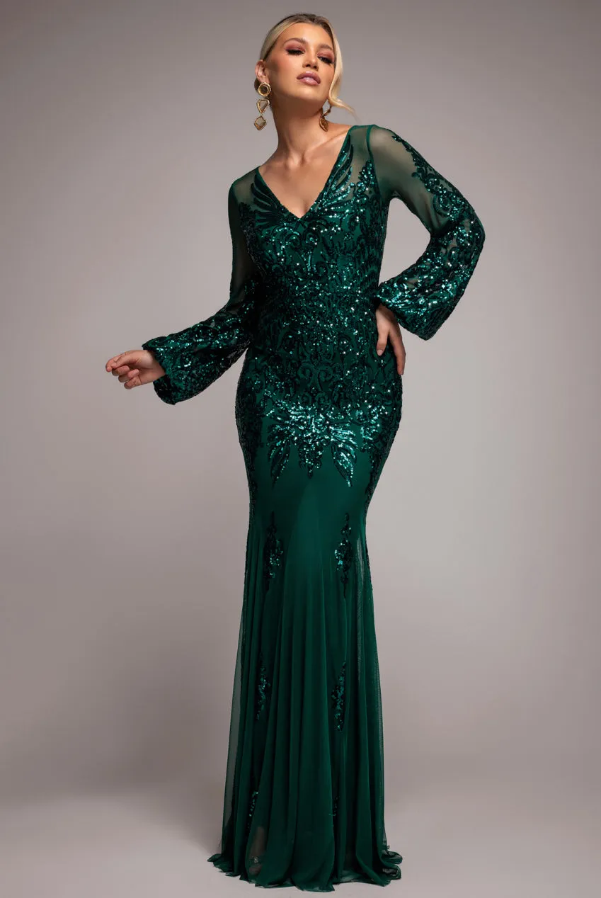 Embellished Sequin Bishop Sleeve Maxi Dress - Emerald Green by Goddiva sold by Goddiva
