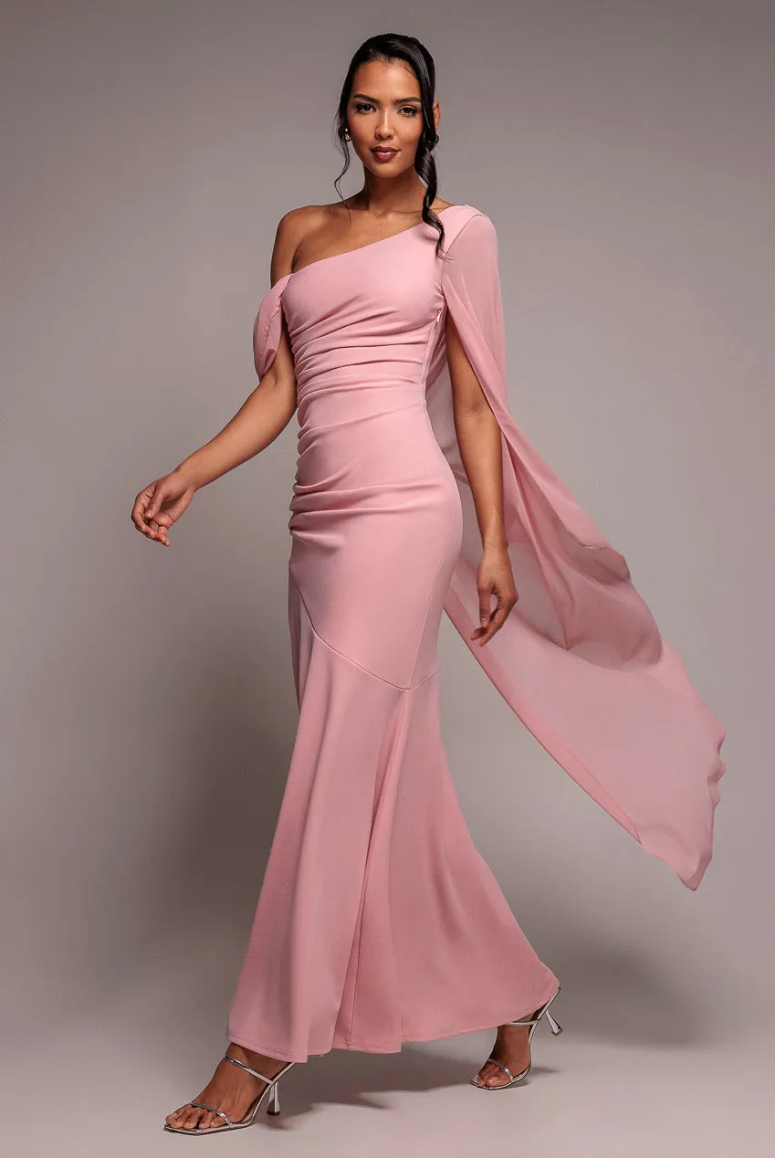 One Shoulder Cape Scuba & Chiffon Maxi Dress - Blush Pink by Goddiva sold by Goddiva product image thumbnail 3